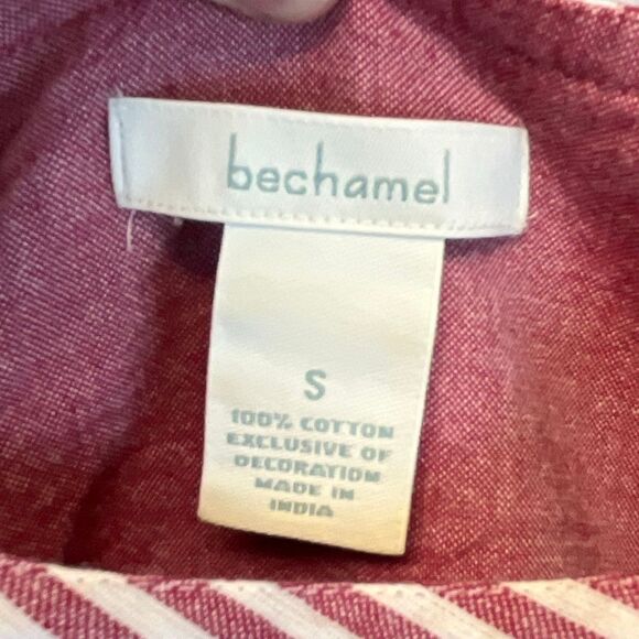 BECHAMEL Embroidered Floral Cotton Dress Small Red White Stripes Pockets Garden - Picture 6 of 15